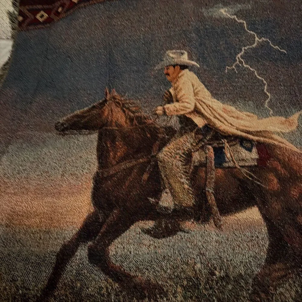 Vtg Mohawk Home Jack Terry Western Cowboy Woven Tapestry Throw Blanket 54x46 USA